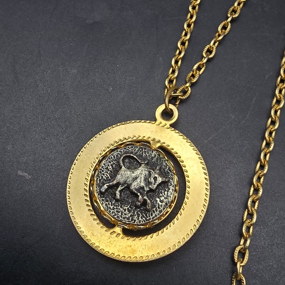 Vintage Taurus Zodiac Spinner Necklace Gold Tone Astrology